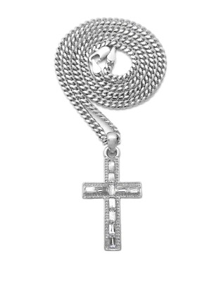Iced Crystal Silver PT Cross Pendant &  Box Cuban Rope Chain Hip Hop Necklace