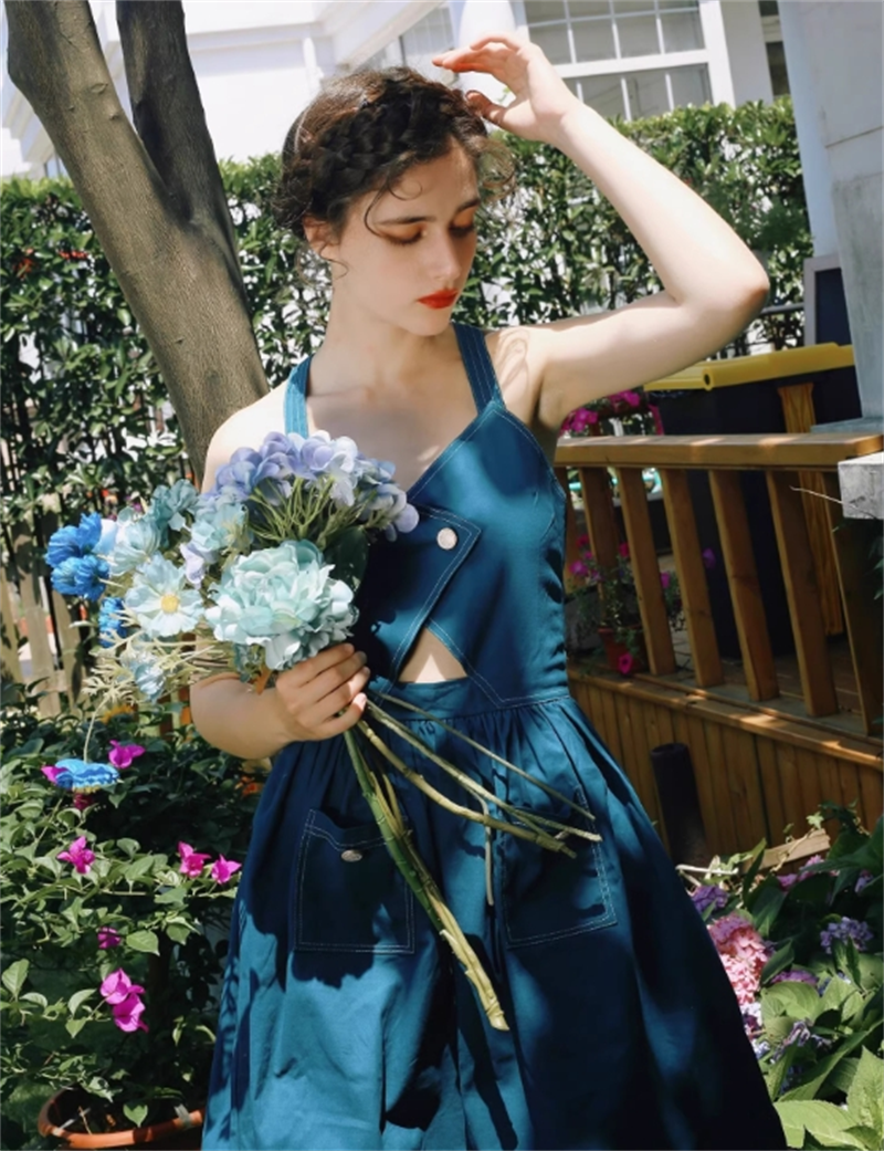 Movie Lolita V-neck Dress Jeans Blue Suspender Dress Cute Girl Summer  Cosplay
