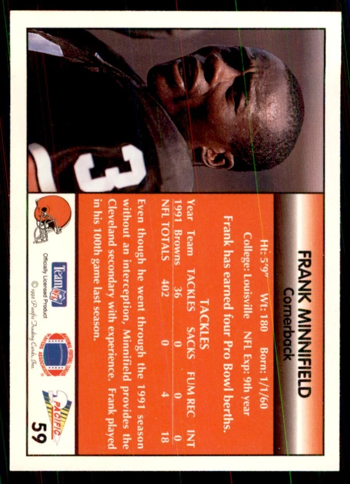 1992 Pacific Frank Minnifield Football Cards #59 - Image 2 of 2