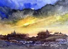 Original Watercolour Bright sunset reflection of fields trees village evening A4
