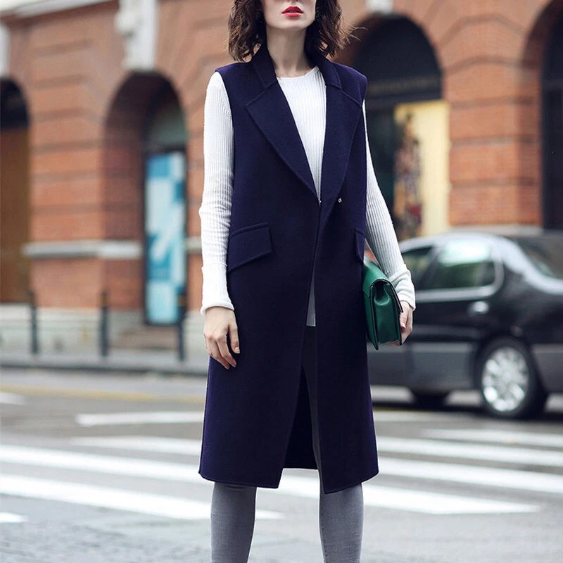 Womens Long Vest Jacket British Office Faux Wool Sleeveless Suit Work Waistcoat