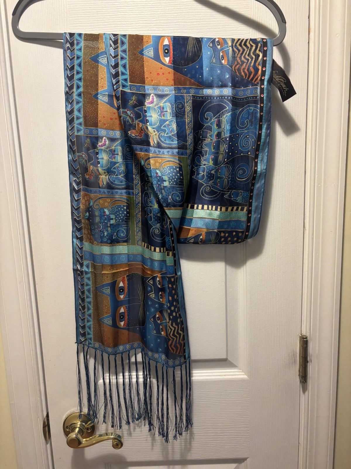 Laurel Burch Scarf Blue Rectangular 100% Silk Fri… - image 5