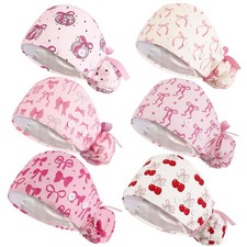 Satin Lined Cotton Ponytail Scrub Caps Women Buttons Sweatband Fits 6 PCS