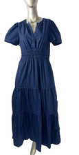 Quince Tiered Maxi Dress Womens M Navy Organic Cotton Poplin Gauze Short Sleeve