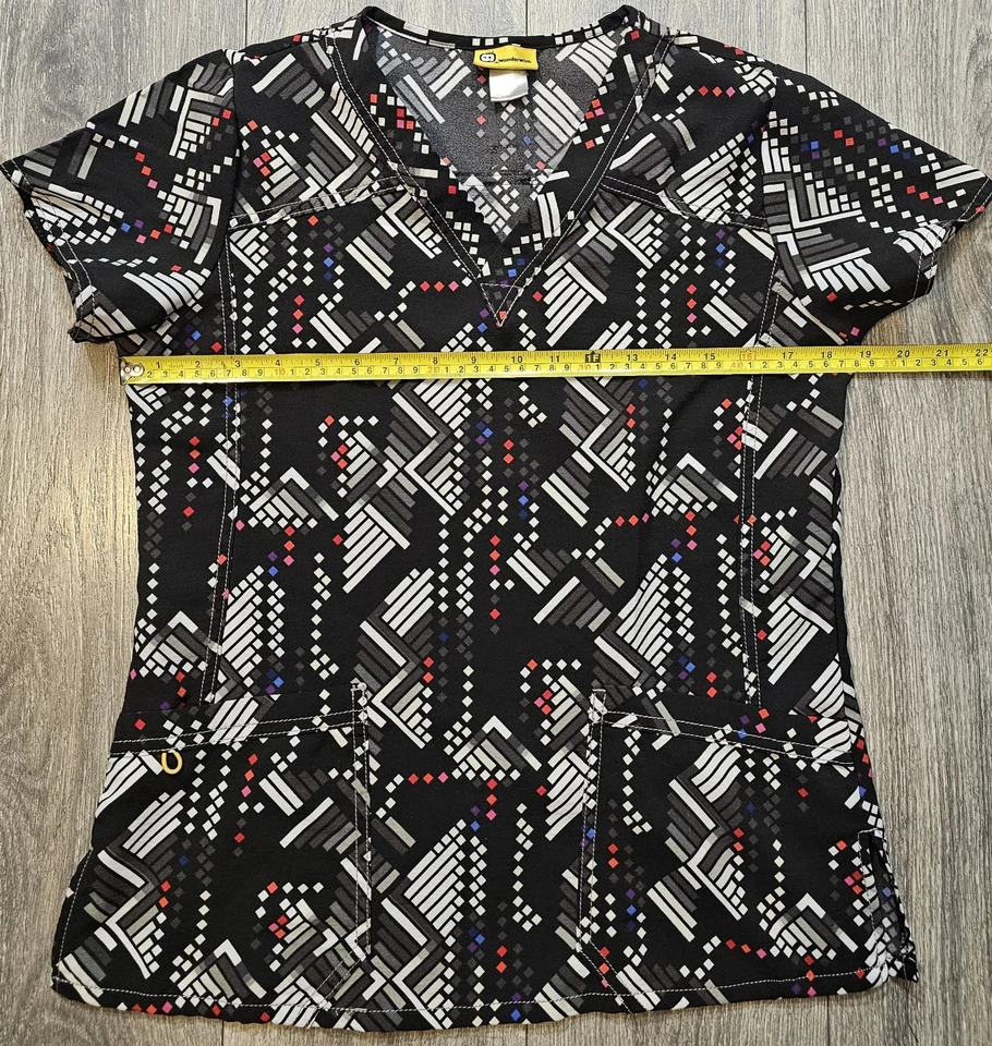 Wonderwink V Neck Allure Dots Geometric Patterned Scrub Top Black Women's Small - Image 4 of 4