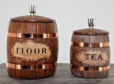 Vintage Treasure Craft Ceramic Barrel Flour & Tea Canisters Copper Bands 1958