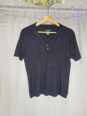 Alexandra Bartlett Silk Ribbed Polo Shirt V-Neck Stretchy Solid Black 90's