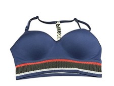 Victoria  s Secret PINK Wireless Sports Bra L Navy Mesh Stripe Racerback Logo