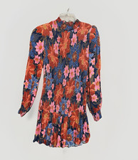 Farm Rio Smocked Mini Dress Garden Sz XS Long Sleeve Coy Colorful Blue Pink Red