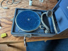 Antikes Koffergrammophon funktionsfähig, TP100a Telefunken blau mit Kurbel