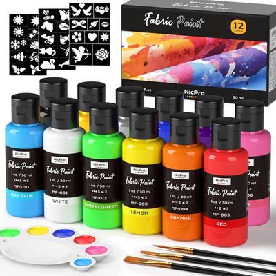 Nicpro Textilfarbe Waschmaschinenfest 12 Farben Je 30 Ml, Stofffarben Waschfest,