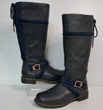 MOSHULU BRAMLEY NAVY LEATHER FLORAL LINED KNEE HIGH BIKER BOOTS UK 5 EU38