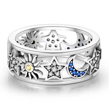Silver-plated Celestial Sun Moon and Star with Crystals Band Ring Size 6-9