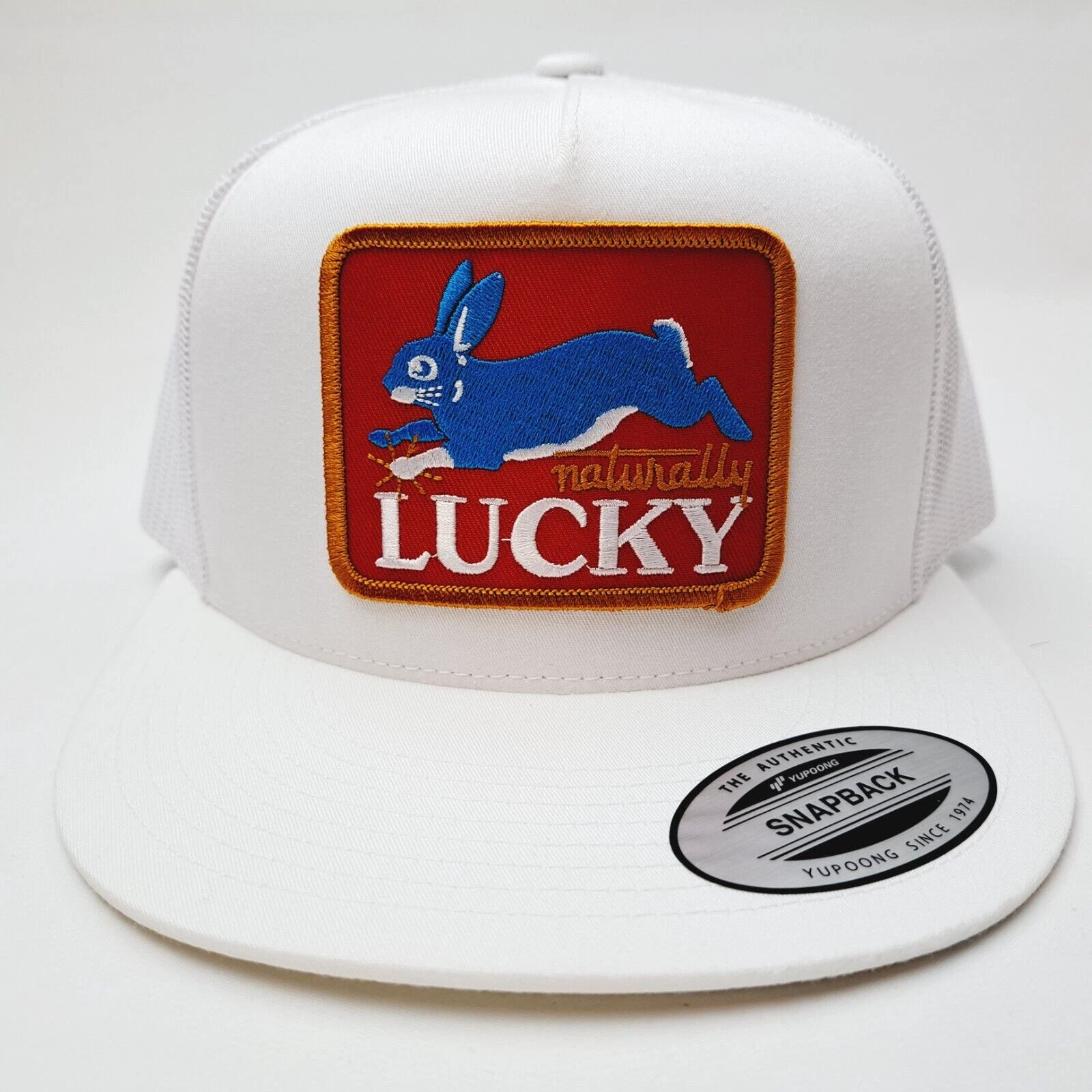 Naturally Lucky Rabbit Flat Bill Snapback Mesh Trucker Embroidered Patch White