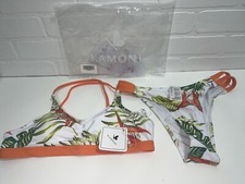 NEW KAMONI TROPICAL PRINT RUCHED SCOOP NECK CRISSCROSS BACK HOOK MID RISE BIKINI