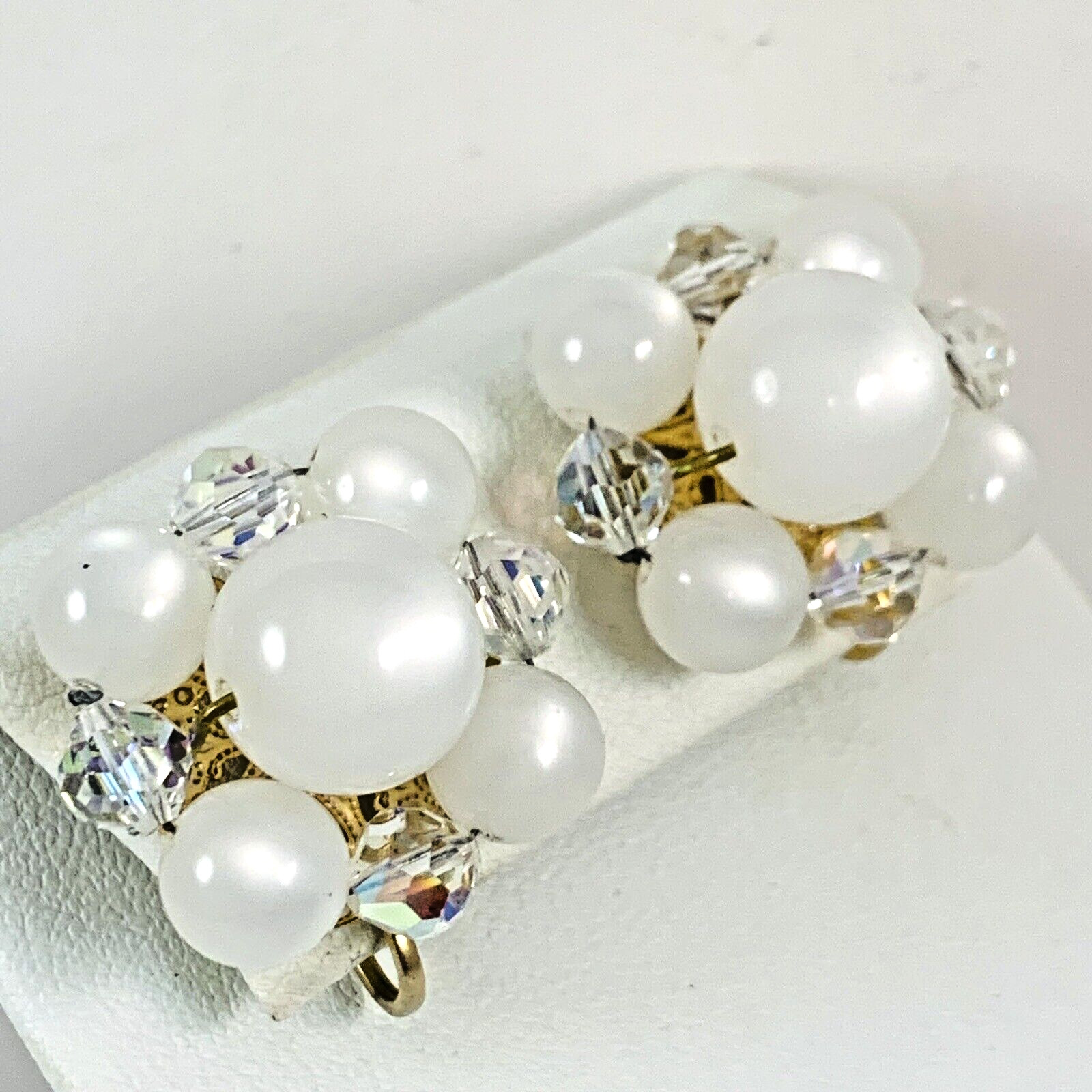 Vintage Moonglow Beaded Aurora Borealis Crystal Cluster Gold Tone Clip Earrings