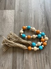 Handmade Wood Bead Garland with Tassels Natural, Orange,  Turquoise Fall