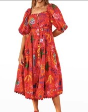 ANTHROPOLOGIE NWOT $235 Farm Rio Red Good Vibes Smocked Midi Dress Size S Boho
