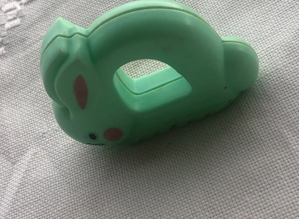 Vtg The First Years 1977 Bunny Rabbit Plastic Rattle Aqua & Pink Made In USA - Image 4 of 4