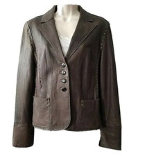 Rizal Womens Leather Jacket Brown Collar Button Down Pockets Sz 2-4 S
