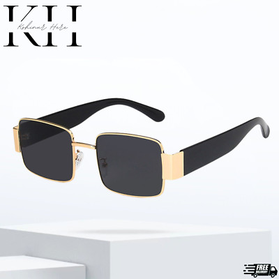 Retro Square Mens Luxury Black Gold Frame Fashion Shades Rectangular Sunglasses