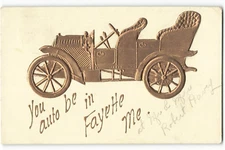 Postcard 1908 You auto be in Fayette, ME Gold Classic Car embossed VTG VPC02.