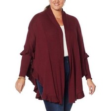 NWT COLLEEN LOPEZ OPEN FRONT RUFFLE PONCHO SWEATER WINE M/L