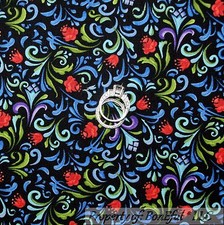 BonEful Fabric FQ Cotton Quilt Black Blue Red Green Leaf Flower Garden Holiday S