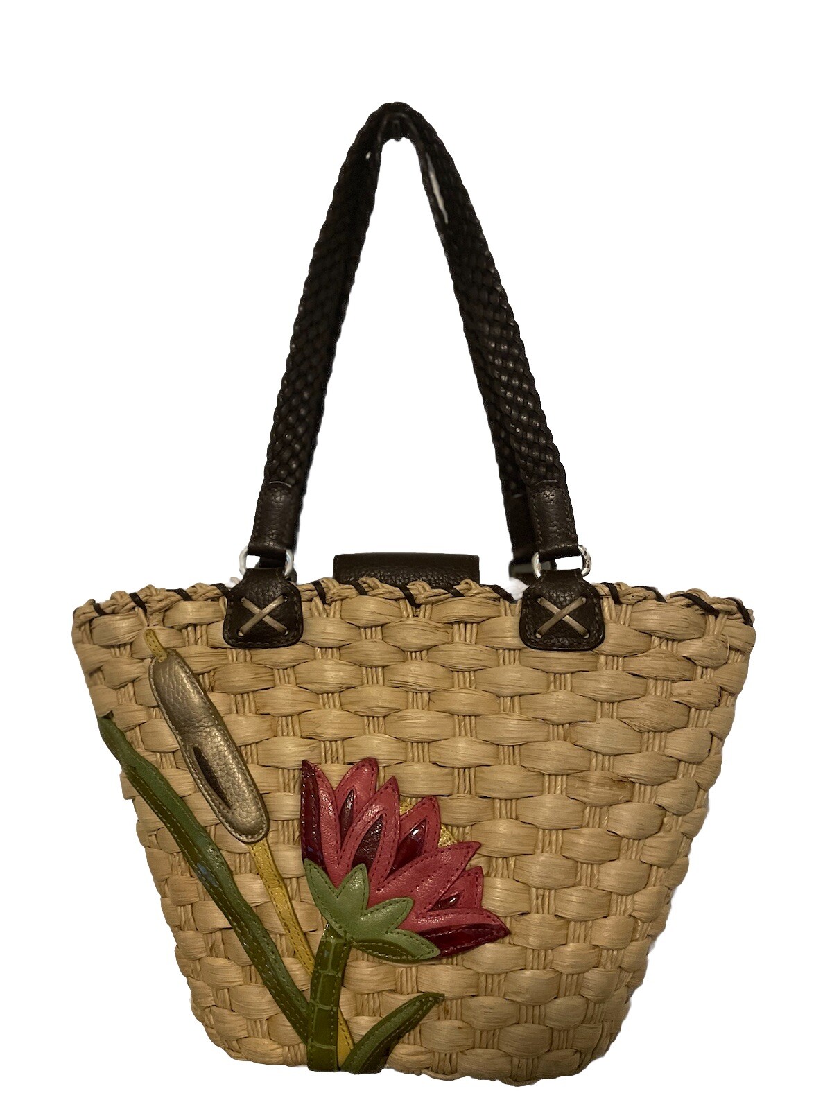 Brighten Women’s Floral Raffia and Leather Beach Tote Bag