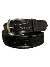 Embossed Horses & Ranch Scenery Black Leather Belt For Men Western Belts Mens