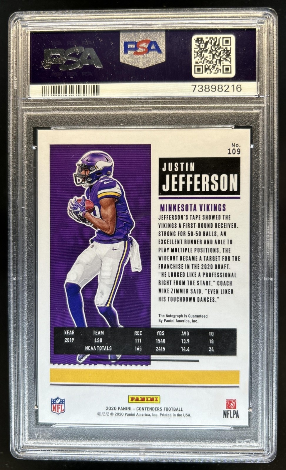2020 Contenders Justin Jefferson RC Rookie Ticket Wild Card Auto #109 PSA 8 view 2