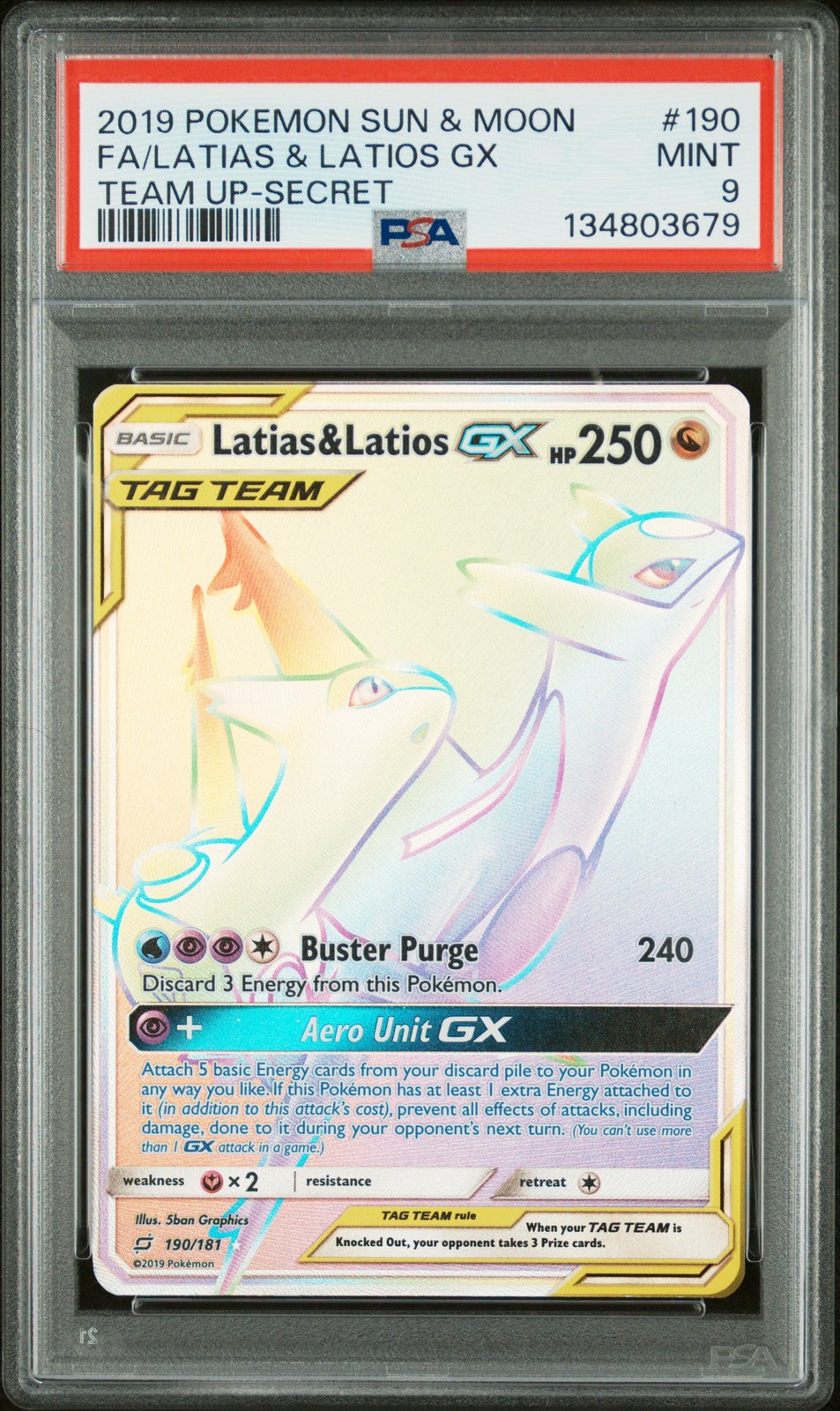2019 POKEMON SUN & MOON TEAM UP SECRET #190 FULL ART/LATIAS & LATIOS GX PSA 9