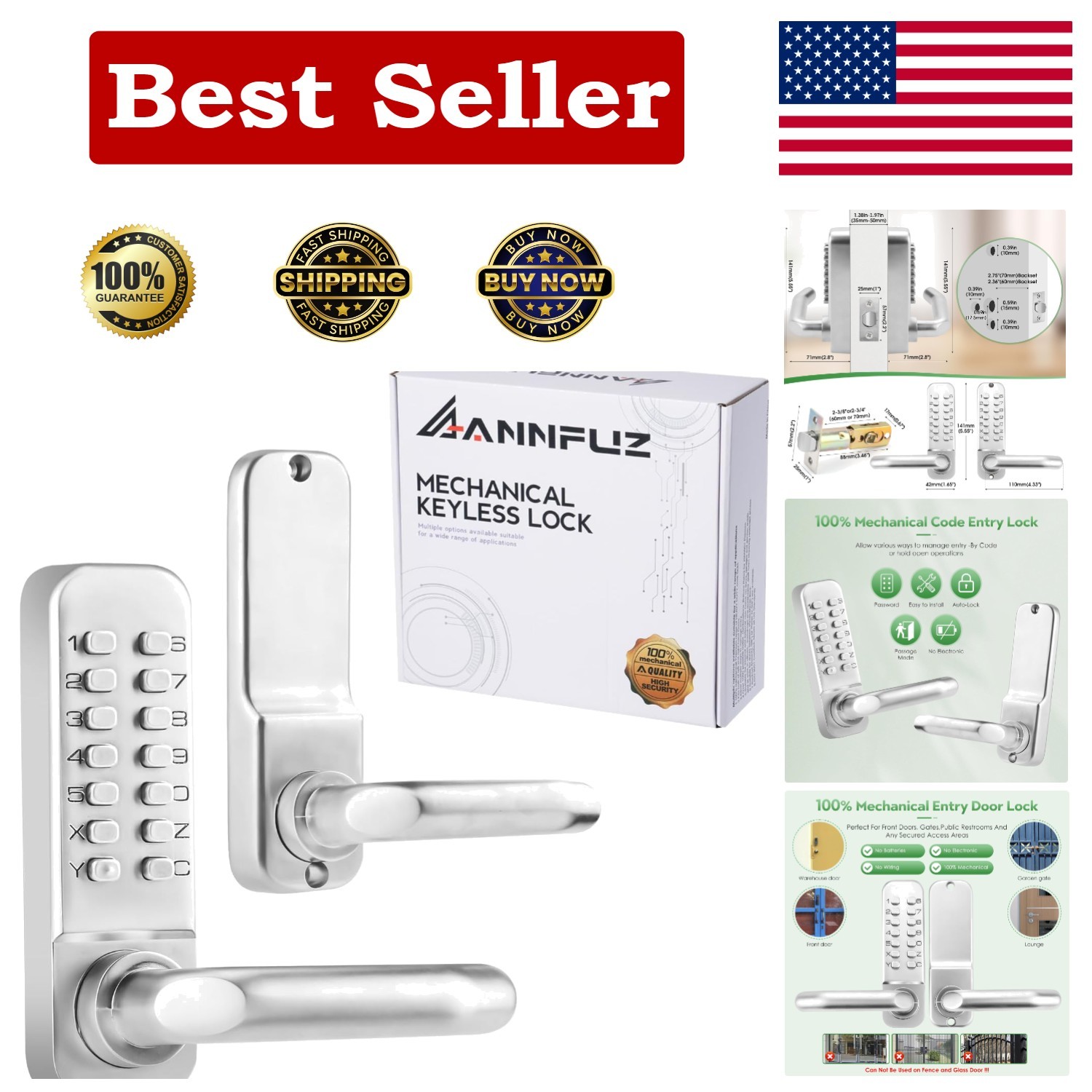 Single Sided Mechanical Keypad Entry Lever Lock,Keyless Push Button Code Comb...