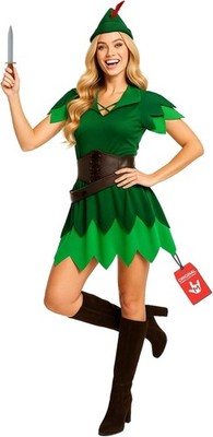 Women`s Peter Pan Costume Green Neverland Elf Dress + Dagger S - XL Halloween