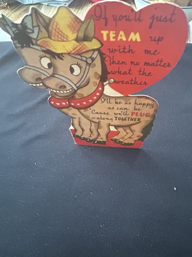 Vintage American Greetings Valentine Card Horses Team Up Plug Along Standup Pony