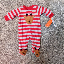 Carter's Christmas Fleece Red/Gray Striped Reindeer Footie Pajamas Size NB NWT