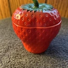 Hazel Atlas Strawberry Jam Jelly Jar Sugar Bowl w Lid Vintage Painted Milk Glass