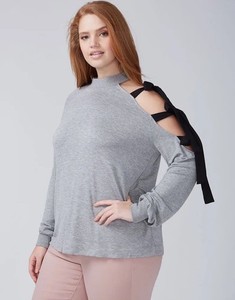 LANE BRYANT SIZE 22/24 GREY W BLACK TIE CUTOUT SLEEVE SWEATSHIRT