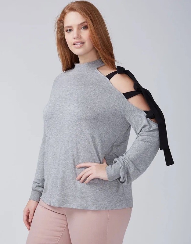 LANE BRYANT SIZE 22/24 GREY W BLACK TIE CUTOUT SLEEVE SWEATSHIRT