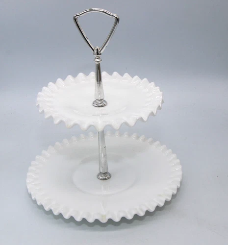 Vintage Fenton Milk Glass Two Tiered Snack Tray Crimped Ruffled Edge