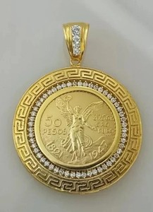 Authentic 14K Yellow Gold Plated 50 Pesos Centenario 1Ct Round Lab Created Diamond Pendant
