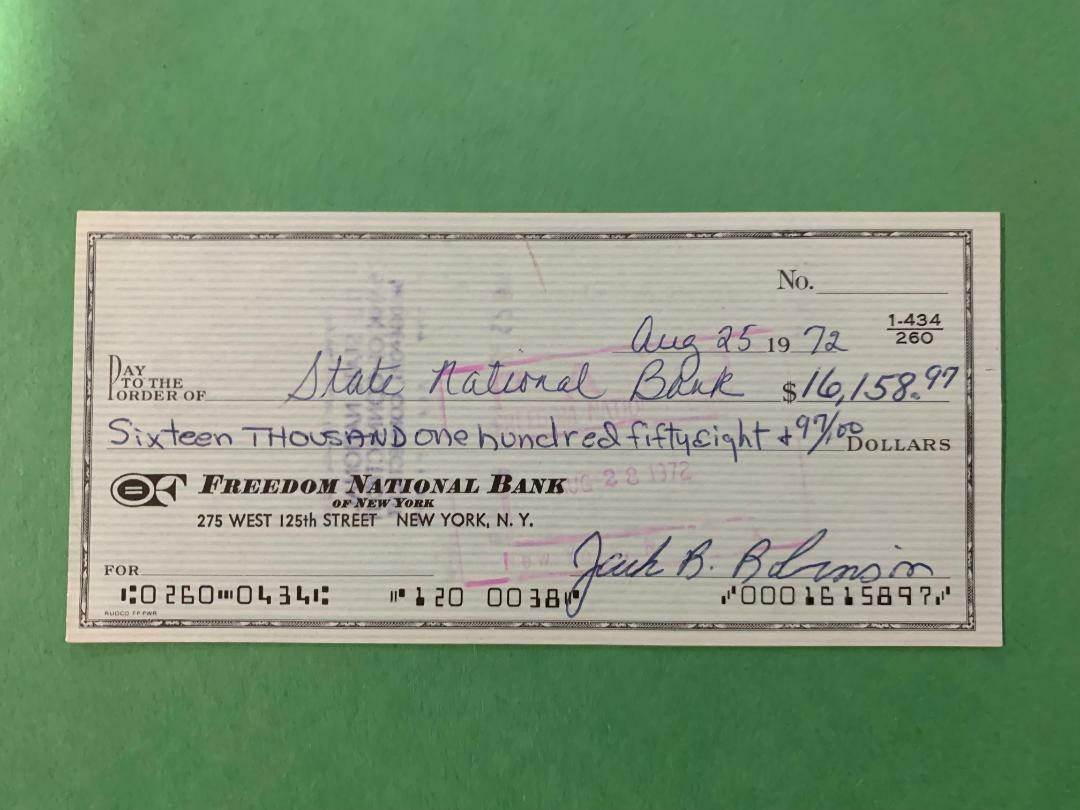 Jackie Robinson Autographed Signed 8/25/72 check two months before death Dodgers JSA 