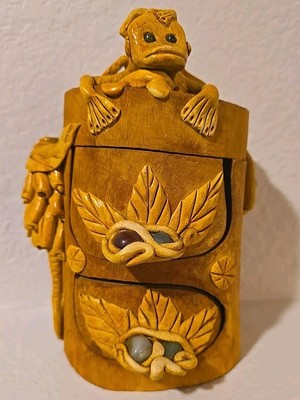 Handmade Wood Monkey Box With Drawers, Prescious Stones. 1 of a kind!