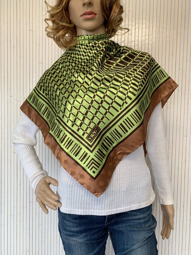 Foulard carré 90cm Vintage Yaren Vert et Marron brillant Cadeau Femme FO589 - Bild 4 von 12
