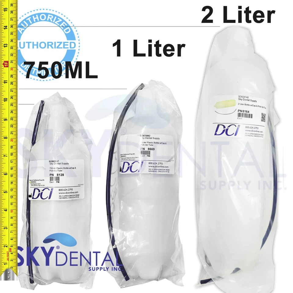 2x DCI Dental Water Bottles Heavy-Duty Plastic 750ML / 1 / 2 Liter with Cap&Tube