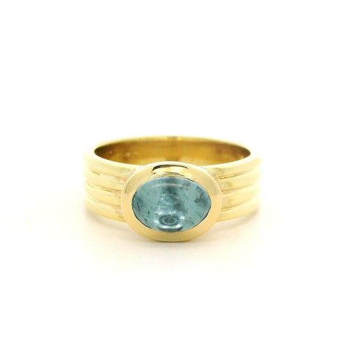 18k Yellow Gold Oval Cabochon Aquamarine Solitaire Grooved Band Ring sz 6.5