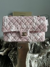 CHANEL 22C Pink White Tweed Medium Flap Handbag Gold 2022 Classics in Fabrics