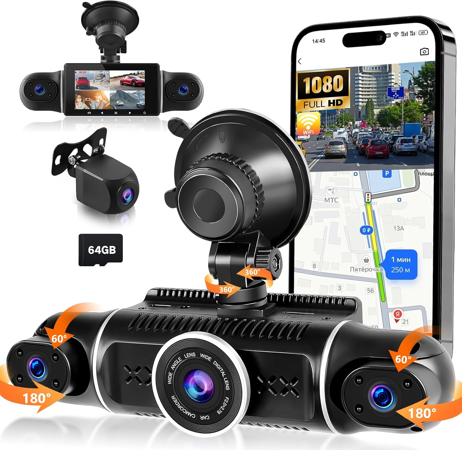 360° Wifi Dash Cam with 4 Channels and 3