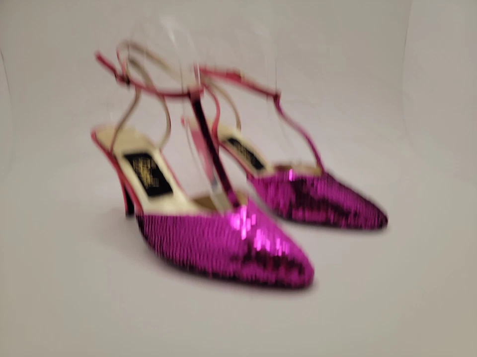 Винтажный бижутерия! Пурпурный блестками с ремешками острый слинга назад каблуки размер 8 М - Изображение 2 из 4