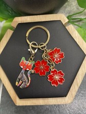 3" Gold-tone Cat Flower Enamel Charm Keychain New Free Ship B4073